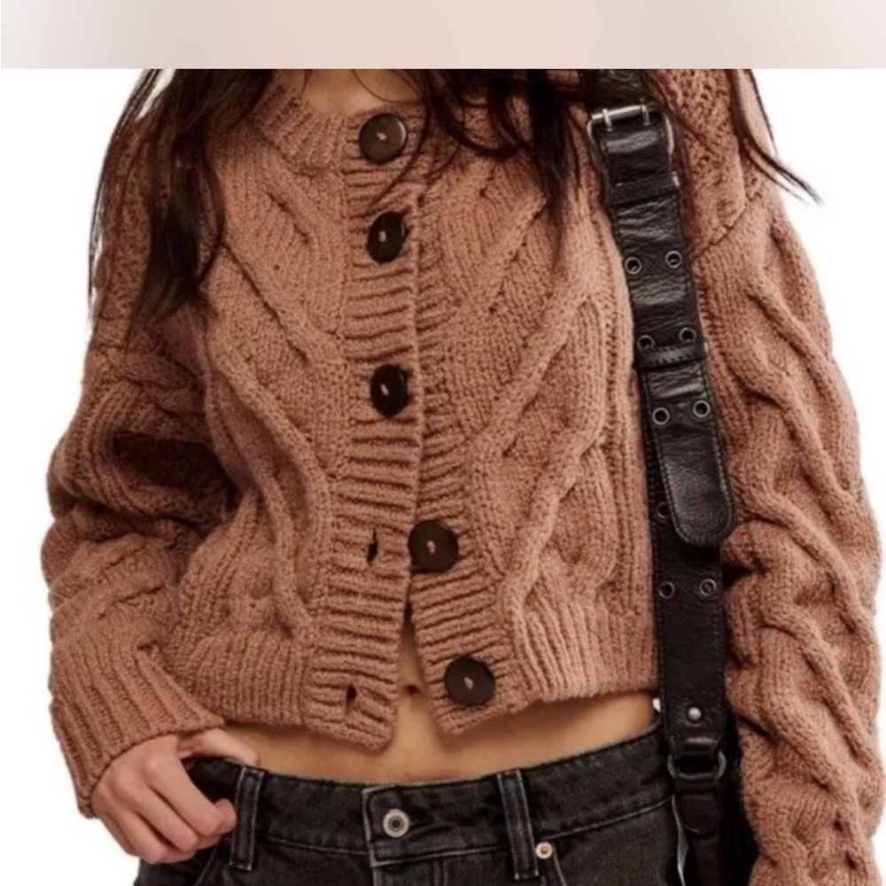 Free People Cable Knit Bon Fire Cardigan Brown